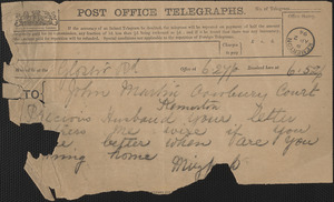 [Victoria Woodhull Martin] telegram to John [Biddulph] Martin, [London?], April 2, 1894