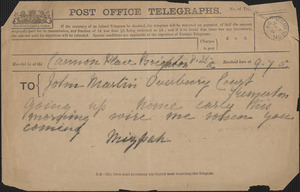 [Victoria Woodhull Martin] telegram to [John Biddulph Martin], Brighton, Eng., April 2, 1894