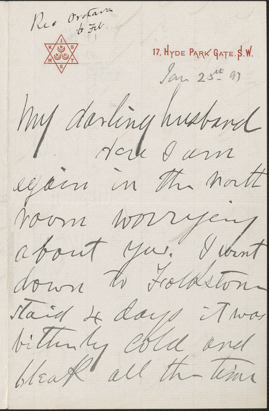 [Victoria Woodhull Martin] autograph letter to [John Biddulph Martin, London], January 25, 1897