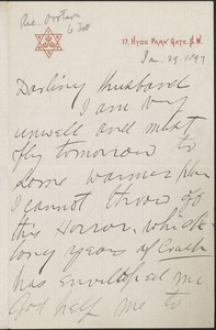 [Victoria Woodhull Martin] autograph letter to [John Biddulph Martin, London], January 29, 1897