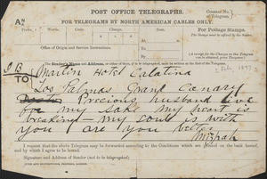 [Victoria Woodhull Martin] telegram to [John Biddulph Martin, London?], [February 1897]