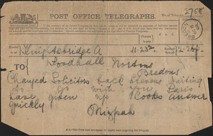 [Victoria Woodhull Martin] telegram to [Zula Maud Woodhull?], Knightsbridge, London, October 8, 1902