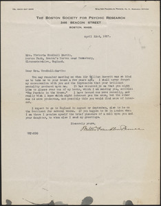 Walter Franklin Prince typed letter signed to Victoria Woodhull Martin, Boston, Mass., April 22, 1927