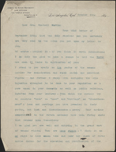 James De Noon Reymert typed letter signed to [Victoria] Woodhull Martin, Los Angeles, October 9, 1895