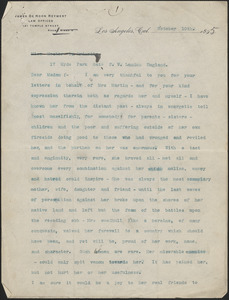 James De Noon Reymert typed letter signed to [Hester L. Dwinell?], Los Angeles, October 10, 1895