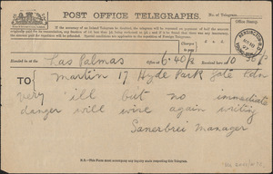 Sanerbrei Manager telegram to [Victoria Woodhull] Martin, Las Palmas, [Canary Islands], March 18, 1897