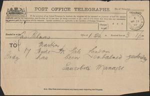 Sanerbrei Manager telegram to [Victoria Woodhull] Martin, Las Palmas, [Canary Islands], March 22, 1897