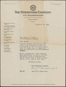 Henry T. Schmittkind (The Stratford Company) typed letter signed to Zula [Maud] Woodhull, Boston, September 30, 1925