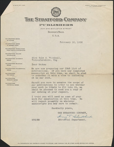 Henry T. Schmittkind (The Stratford Company) typed letter signed to Zula [Maud] Woodhull, Boston, February 16, 1926