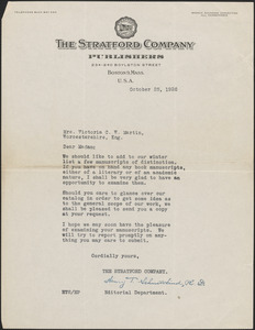 Henry T. Schmittkind (The Stratford Company) typed letter signed to Victoria [Woodhull] Martin, Boston, October 25, 1926