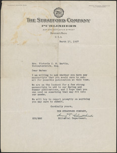 Henry T. Schmittkind (The Stratford Company) typed letter signed to Victoria [Woodhull] Martin, Boston, March 17, 1927