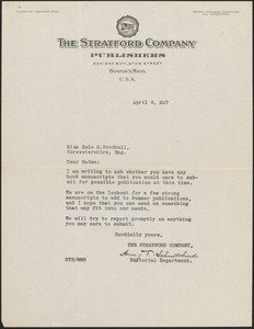 Henry T. Schmittkind (The Stratford Company) typed letter signed to Zula Maud Woodhull, Boston, April 8, 1927
