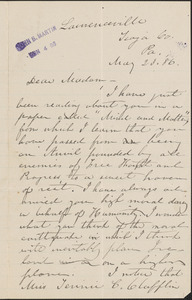 B. L. Taylor autograph letter signed to [Victoria Woodhull Martin], Lawrenceville, Pa., May 23, 1886
