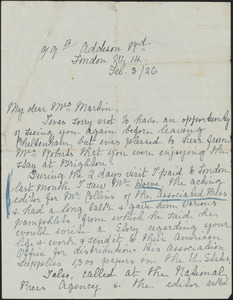 Sarah A. Tooley autograph letter signed to [Victoria Woodhull] Martin, London, February 3, 1926