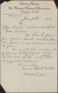 Hudson Tuttle autograph letter signed to [Victoria Woodhull] Martin and [Zula Maud] Woodhull, Washington, D.C., January 9, 1903