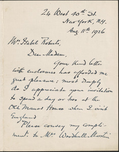 J. Bernard Walker autograph letter signed to Isabel Roberts, New York, August 11, 1926