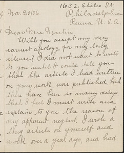 Florence L. Williams autograph letter signed to [Victoria Woodhull] Martin, Philadelphia, November 20, [19]06