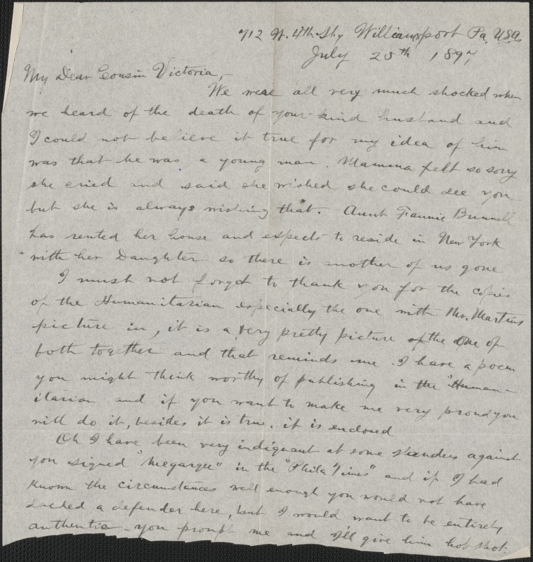 Autograph letter (fragment) to Victoria [Woodhull Martin], Williamsport, Pa., July 25, 1897