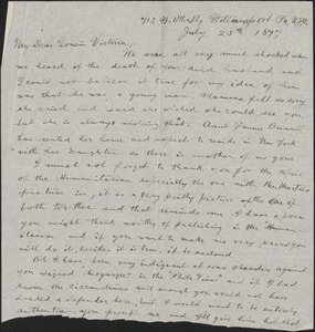Autograph letter (fragment) to Victoria [Woodhull Martin], Williamsport, Pa., July 25, 1897