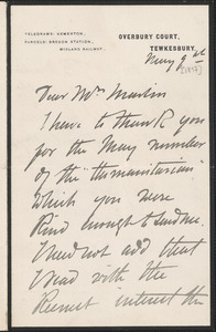 Autograph letter signed to Mrs. Martin, Tewkesbury, England, May 9, [1897]