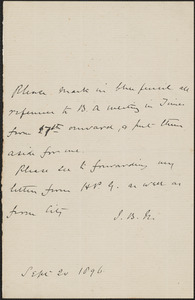[John Biddulph Martin] autograph note signed (initials) to Mr. Womack, [London?], September 20, 1896