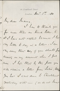 John [Biddulph] Martin autograph letter signed to [Mary Anne Martin], London, December 1, 1880