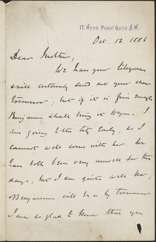 John [Biddulph Martin] autograph letter signed to [Mary Anne Martin], London, October 13, 1881