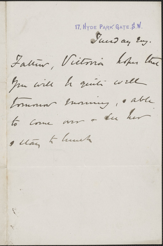 [John Biddulph Martin] autograph note to [Robert Martin, London, approximately 1883-1897]