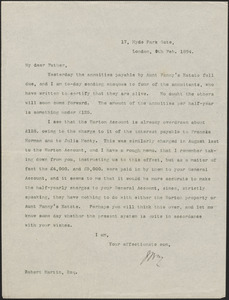 [John Biddulph Martin] typed letter signed (copy/initials) to [Robert Martin, London], February 9, 1894