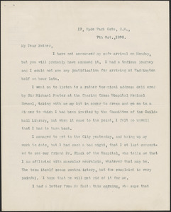 [John Biddulph Martin] typed letter signed (copy) to [Robert Martin], London, October 7, 1896