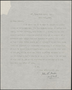 [John Biddulph Martin] typed letter signed (copy/initials) to [Robert Martin], London, October 26, 1896