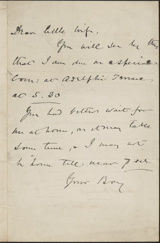 [John Biddulph Martin] autograph note signed to [Victoria Woodhull Martin], approximately 1895