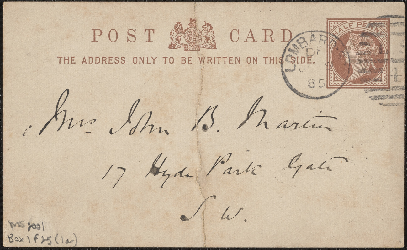 [John Biddulph Martin] postcard to [Victoria Woodhull Martin], London, [July?] 9, 1885