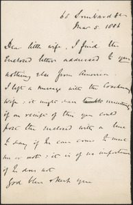 [John Biddulph Martin] autograph note to [Victoria Woodhull Martin, London], March 5, 1886