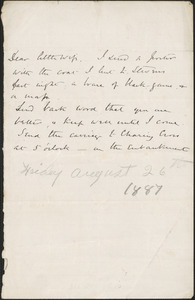 [John Biddulph Martin] autograph note to [Victoria Woodhull Martin], August 26, 1887