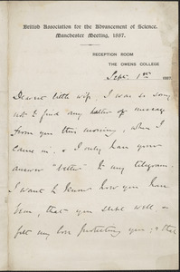 [John Biddulph Martin] autograph note to [Victoria Woodhull Martin], Manchester, [England], September 1, 1887