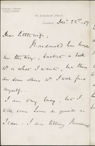 [John Biddulph Martin] autograph note signed to [Victoria Woodhull Martin], London, December 22, 1887