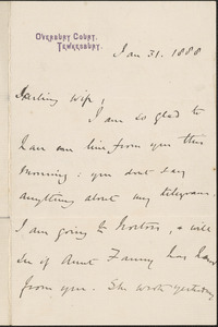 [John Biddulph Martin] autograph note to [Victoria Woodhull Martin], Tewkesbury, [England], January 31, 1888