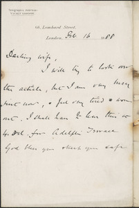 [John Biddulph Martin] autograph note to [Victoria Woodhull Martin], London, February 16, 1888