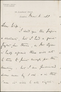 [John Biddulph Martin] autograph note to [Victoria Woodhull Martin], London, March 6, 1888
