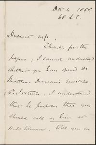 [John Biddulph Martin] autograph note signed to [Victoria Woodhull Martin, London], October 4, 1888