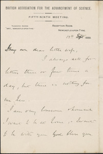 [John Biddulph Martin] autograph note signed to [Victoria Woodhull Martin], Newcastle-Upon-Tyne, [England], September 13, 1889
