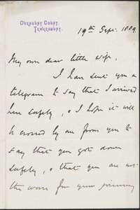 [John Biddulph Martin] autograph note signed to [Victoria Woodhull Martin], Tewkesbury, [England], September 19, 1889