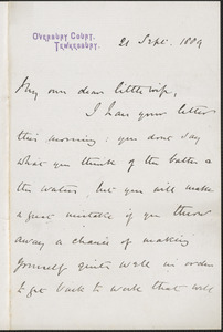 [John Biddulph Martin] autograph note signed to [Victoria Woodhull Martin], Tewkesbury, [England], September 21, 1889
