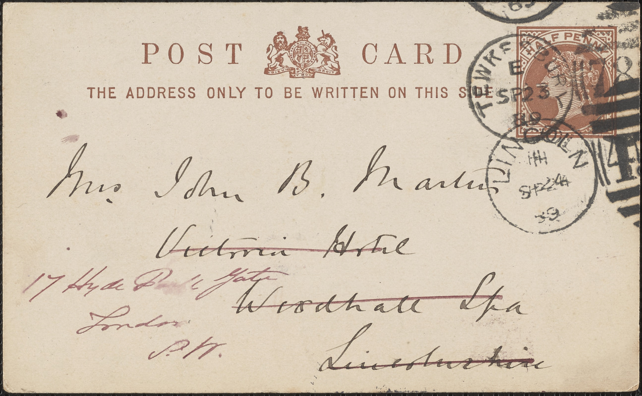 [John Biddulph Martin] postcard to [Victoria Woodhull Martin], Tewkesbury, [England], September 23, 1889
