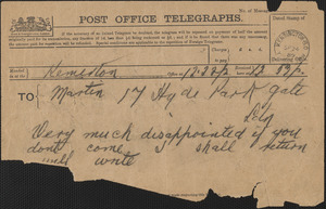 [John Biddulph Martin] telegraph to [Victoria Woodhull Martin], Tewkesbury, [England], September 24, 1889