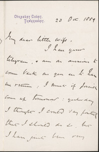 [John Biddulph Martin] autograph note signed to [Victoria Woodhull Martin], Tewkesbury [England], October 23, 1889