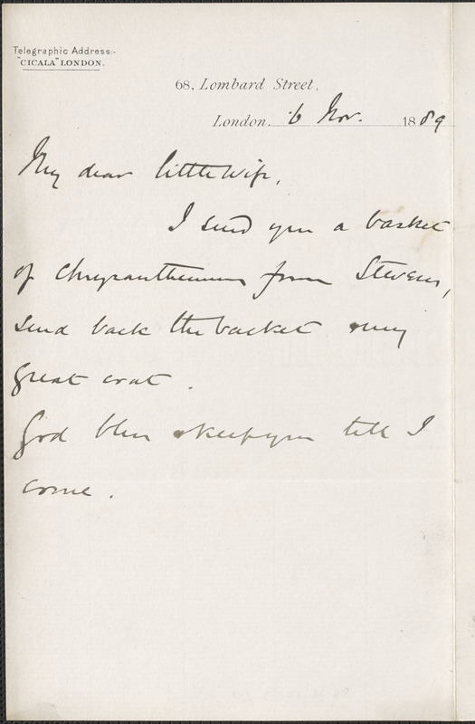 [John Biddulph Martin] autograph note to [Victoria Woodhull Martin], London, November 6, 1889