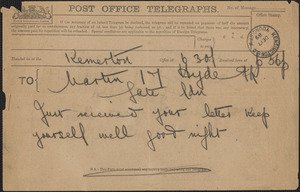 [John Biddulph Martin] telegram to [Victoria Woodhull Martin], Tewkesbury [England], December 17, 1889