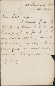 [John Biddulph Martin] autograph note to [Victoria Woodhull Martin, London], February 21, 1890